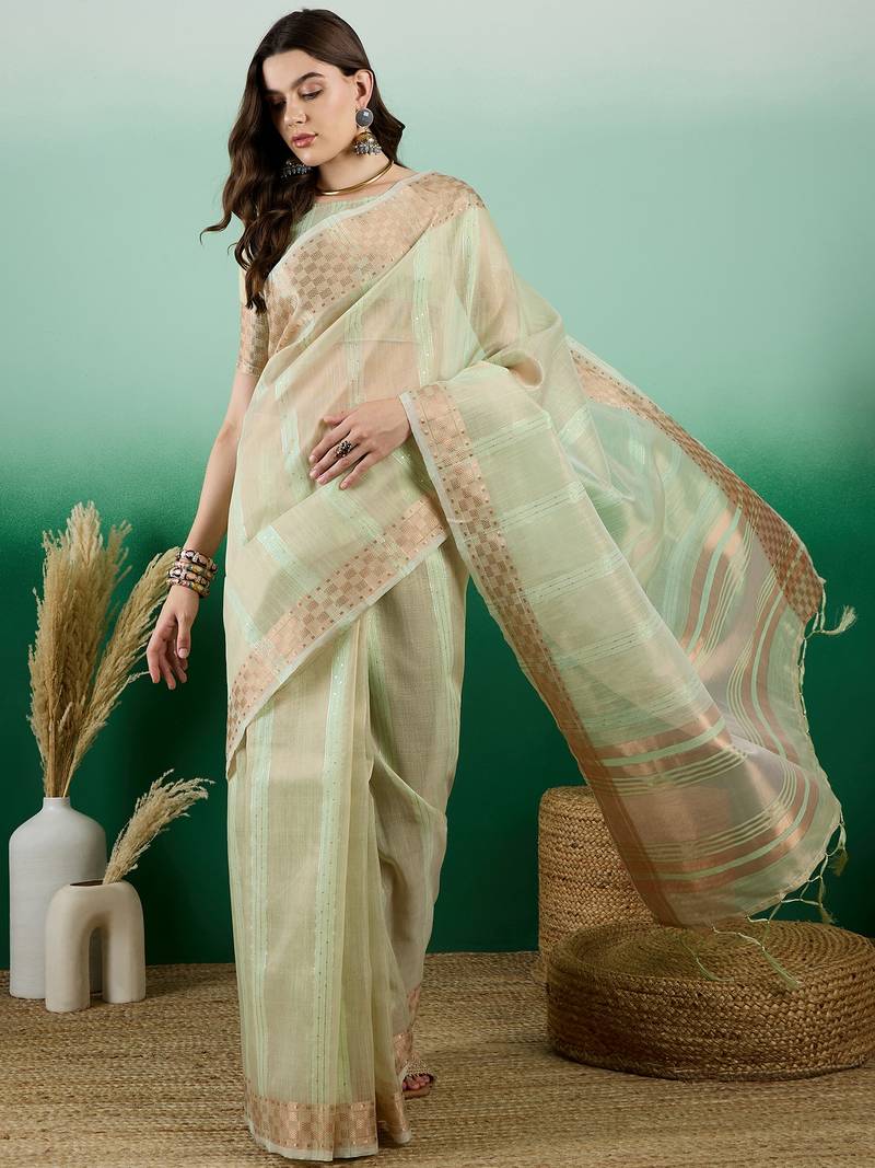 green Khadi Organza Saree with Blouse