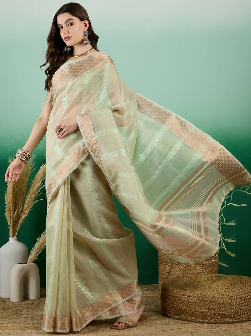 green Khadi Organza Saree with Blouse