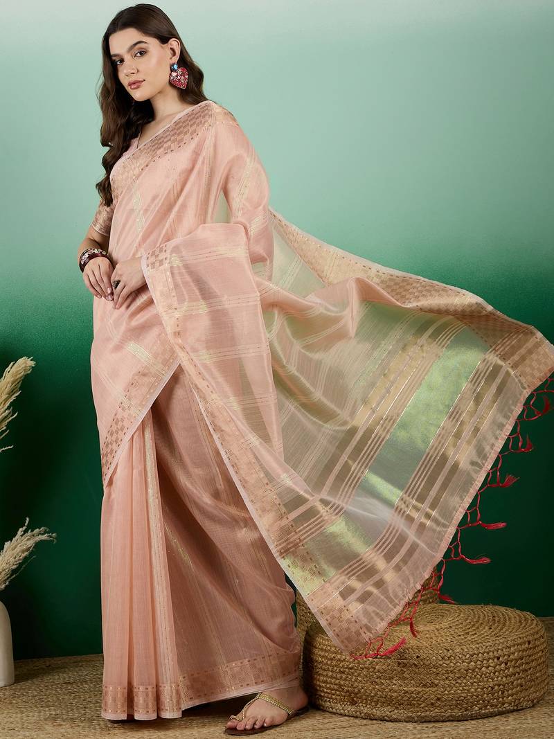peach Khadi Organza Saree with Blouse