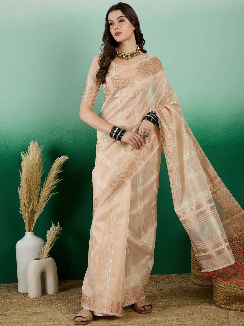 beige Khadi Organza Saree with Blouse