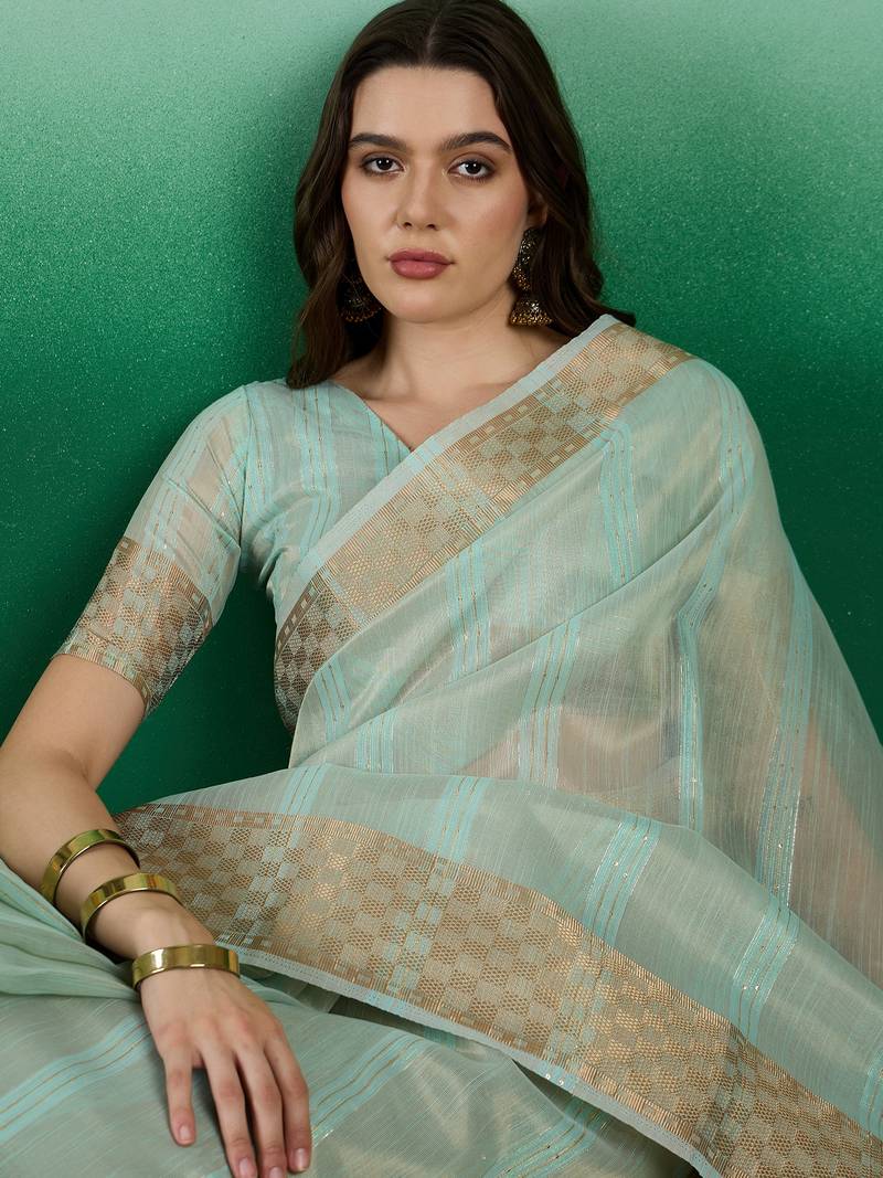 sea green Khadi Organza Saree with Blouse