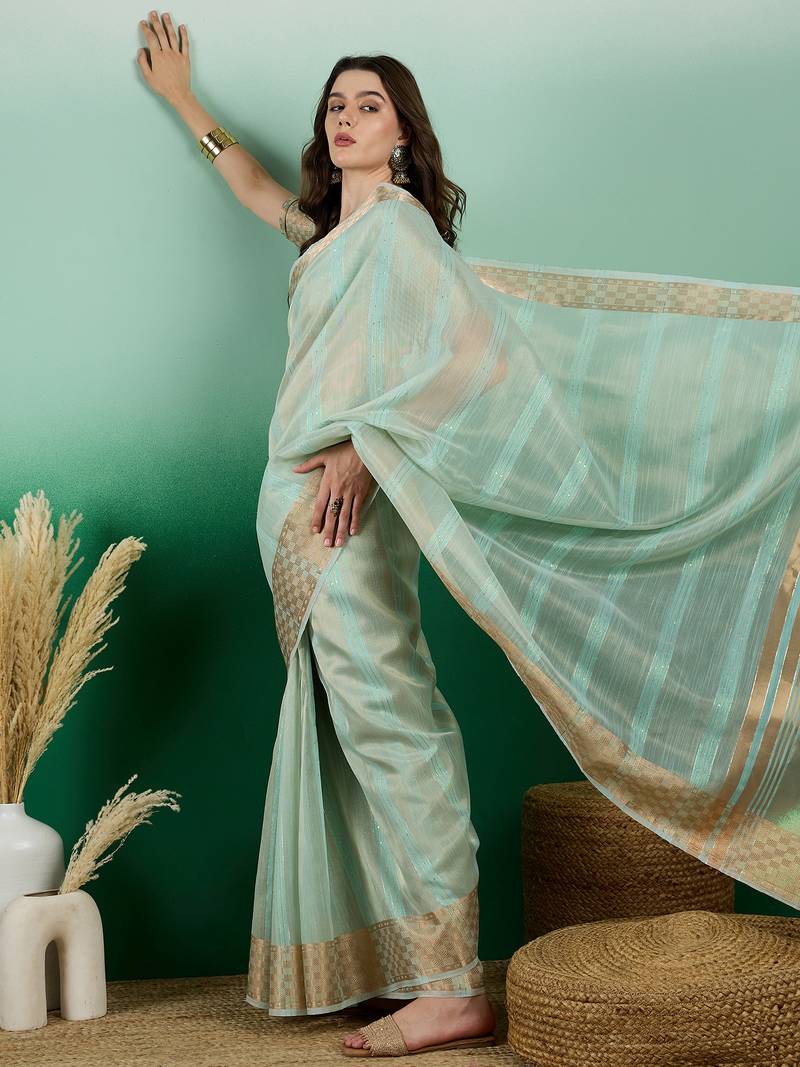 sea green Khadi Organza Saree with Blouse