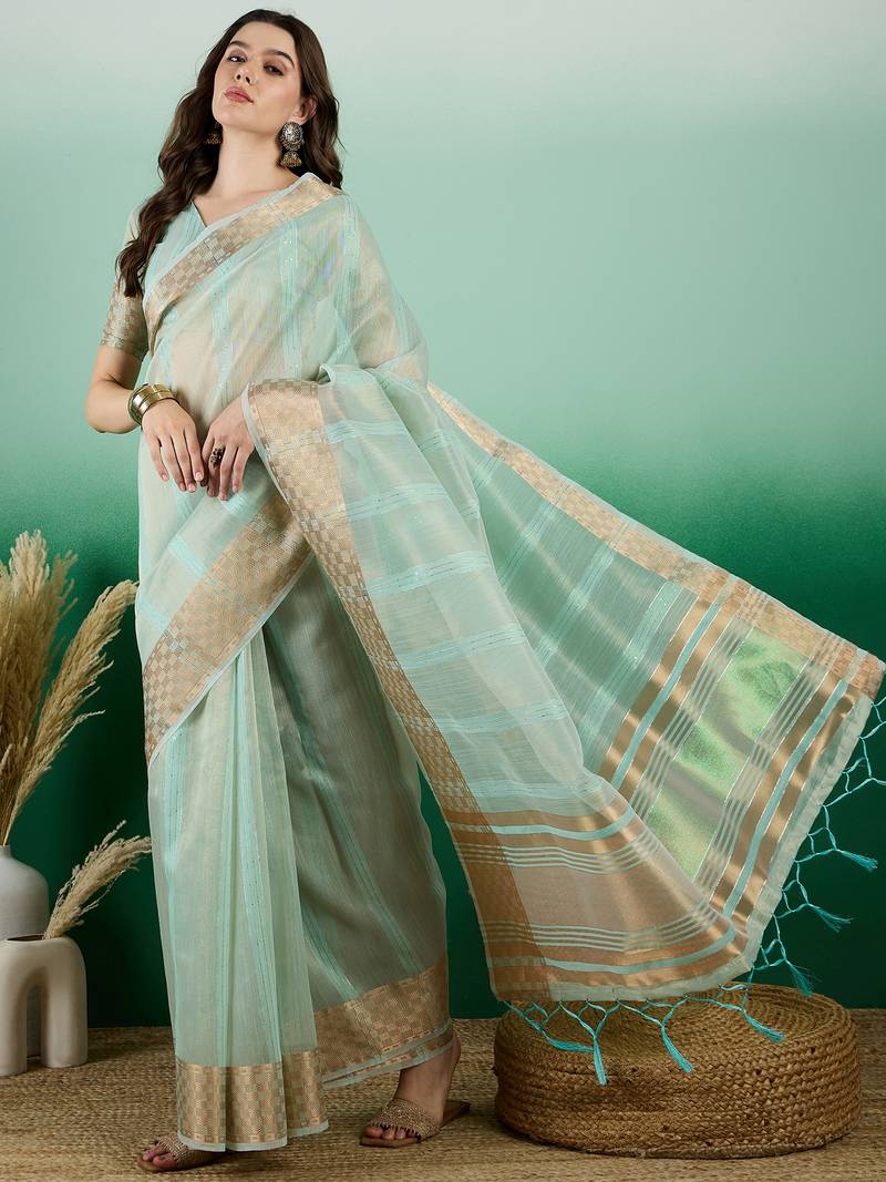 sea green Khadi Organza Saree with Blouse