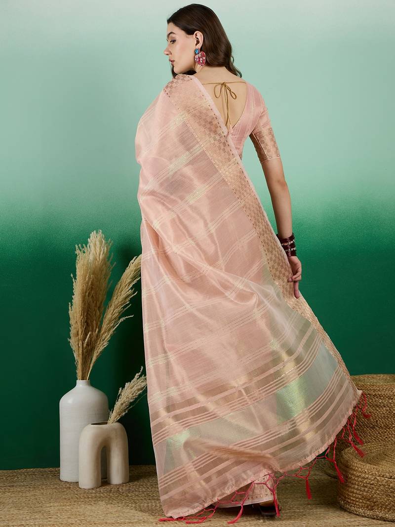 peach Khadi Organza Saree with Blouse