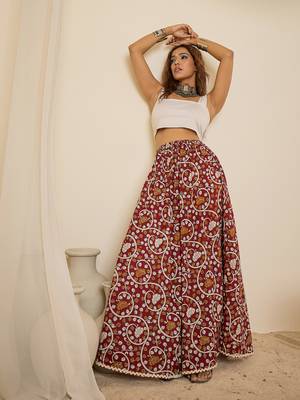 Women maroon ethnic print cotton maxi skirt 1