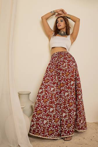 Women maroon ethnic print cotton maxi skirt