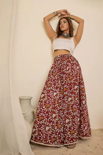 Women maroon ethnic print cotton maxi skirt