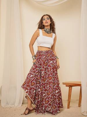 Women maroon ethnic print cotton maxi skirt 2