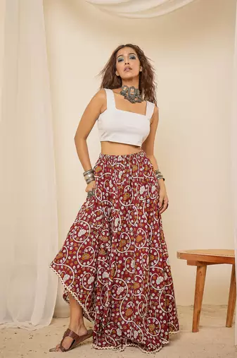 Women maroon ethnic print cotton maxi skirt