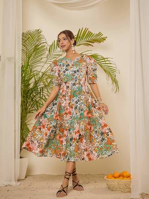 Women cotton botanical print calf length tiered dress 1