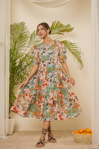 Women cotton botanical print calf length tiered dress