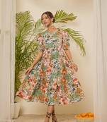 Women cotton botanical print calf length tiered dress