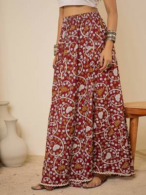Women maroon ethnic print cotton maxi skirt 3
