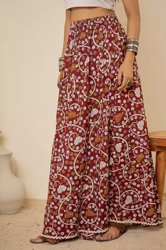 Women maroon ethnic print cotton maxi skirt