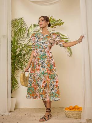 Women cotton botanical print calf length tiered dress 2