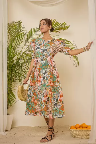Women cotton botanical print calf length tiered dress