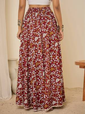 Women maroon ethnic print cotton maxi skirt 4