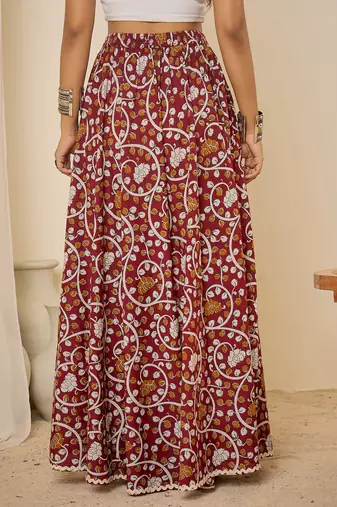 Women maroon ethnic print cotton maxi skirt