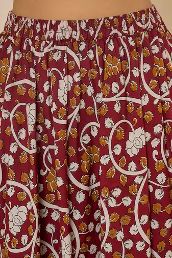 Women maroon ethnic print cotton maxi skirt