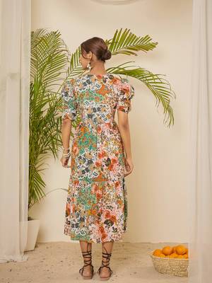 Women cotton botanical print calf length tiered dress 3