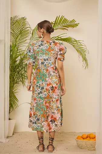 Women cotton botanical print calf length tiered dress