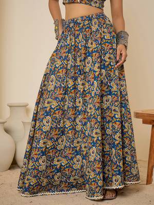Women blue ethnic print cotton maxi skirt 1