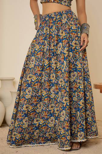 Women blue ethnic print cotton maxi skirt