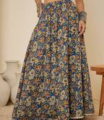 Women blue ethnic print cotton maxi skirt