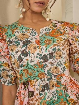 Women cotton botanical print calf length tiered dress 4