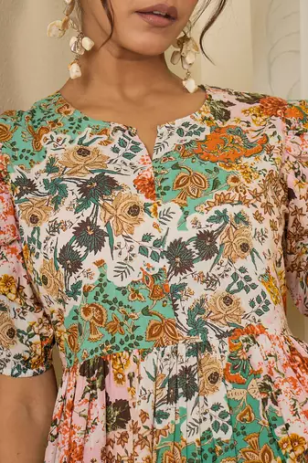 Women cotton botanical print calf length tiered dress
