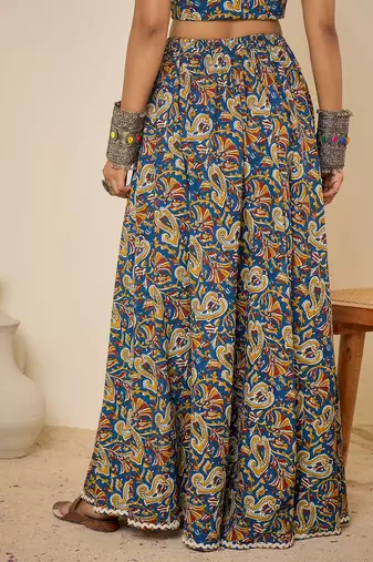Women blue ethnic print cotton maxi skirt