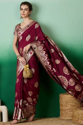maroon Banarasi Dola Cotton Saree with Blouse