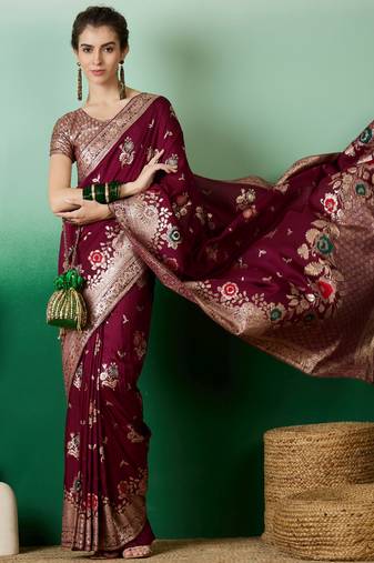 burgundy Banarasi Dola Cotton Saree with Blouse