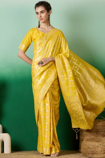 yellow Banarasi Dola Cotton Saree with Blouse