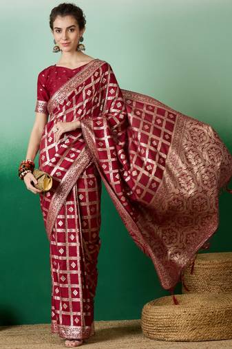 maroon Banarasi Dola Cotton Saree with Blouse