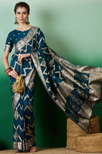 teal Banarasi Dola Cotton Saree with Blouse