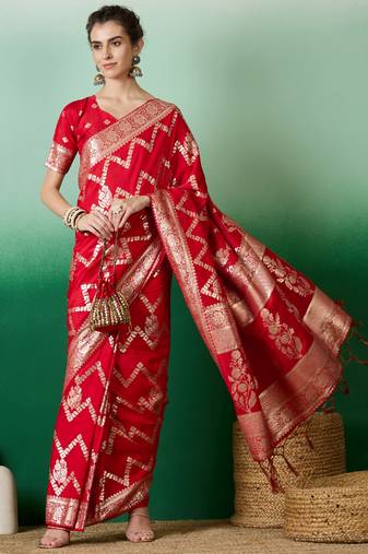 red Banarasi Dola Cotton Saree with Blouse