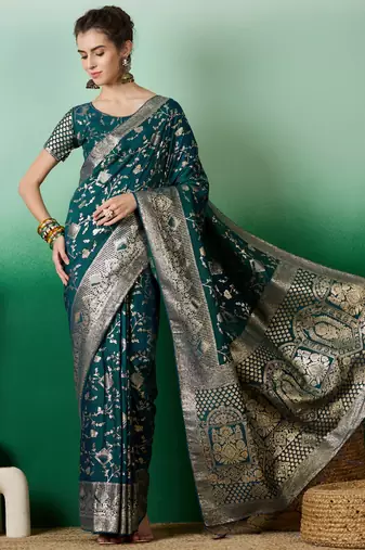 teal Banarasi Dola Cotton Saree with Blouse