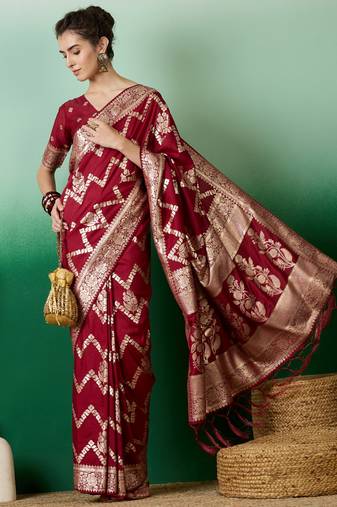 maroon Banarasi Dola Cotton Saree with Blouse