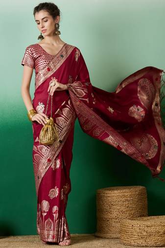 red Banarasi Dola Cotton Saree with Blouse