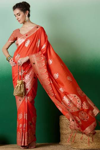 orange Banarasi Dola Cotton Saree with Blouse