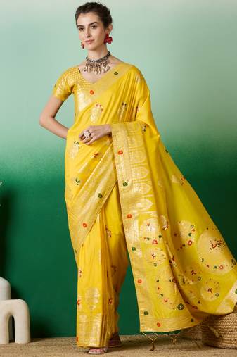 yellow Banarasi Dola Cotton Saree with Blouse