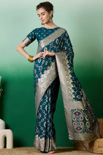 teal Banarasi Dola Cotton Saree with Blouse