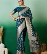 teal Banarasi Dola Cotton Saree with Blouse