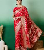 red Banarasi Dola Cotton Saree with Blouse