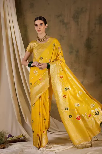 yellow Banarasi Dola Cotton Saree with Blouse
