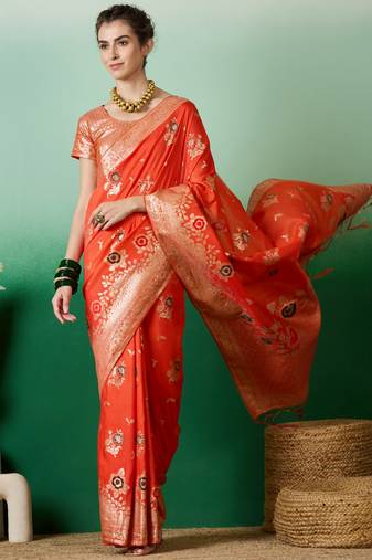 orange Banarasi Dola Cotton Saree with Blouse