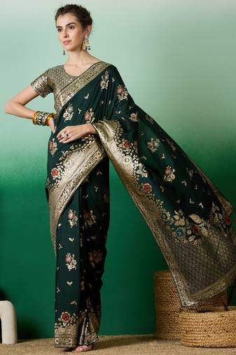 green Banarasi Dola Cotton Saree with Blouse