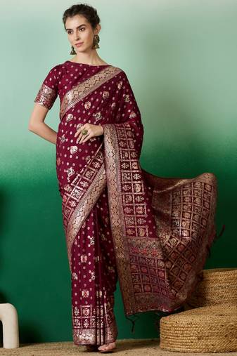 wine Banarasi Dola Cotton Saree with Blouse