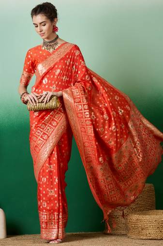 orange Banarasi Dola Cotton Saree with Blouse